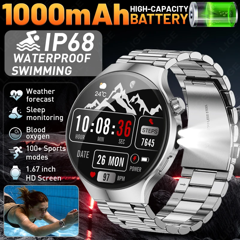 LIGE 1000mAh Battery Smart Watch Men IP68 Waterproof 1.7" 36