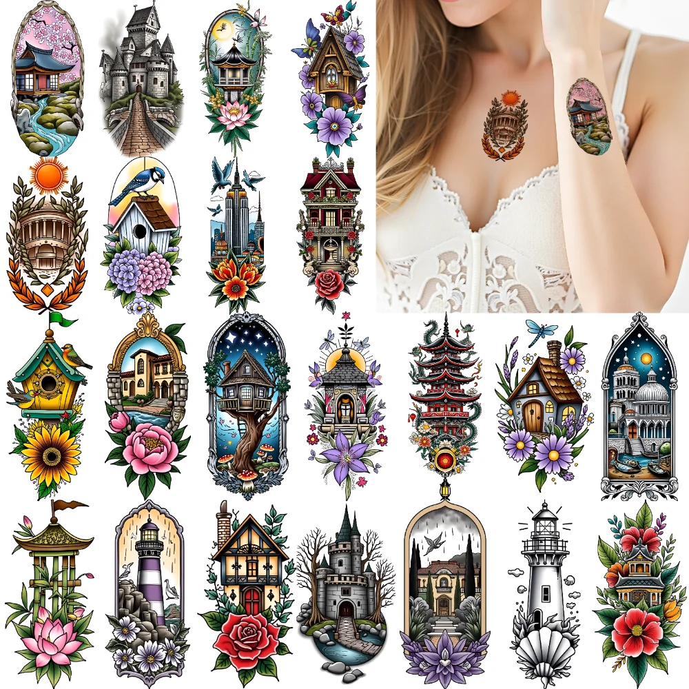 

9pcs Temporary Tattoo Pyramid New School Traditional Castle Skyline Temporary Tattoo Stickers Pagoda For Adults Men Chest