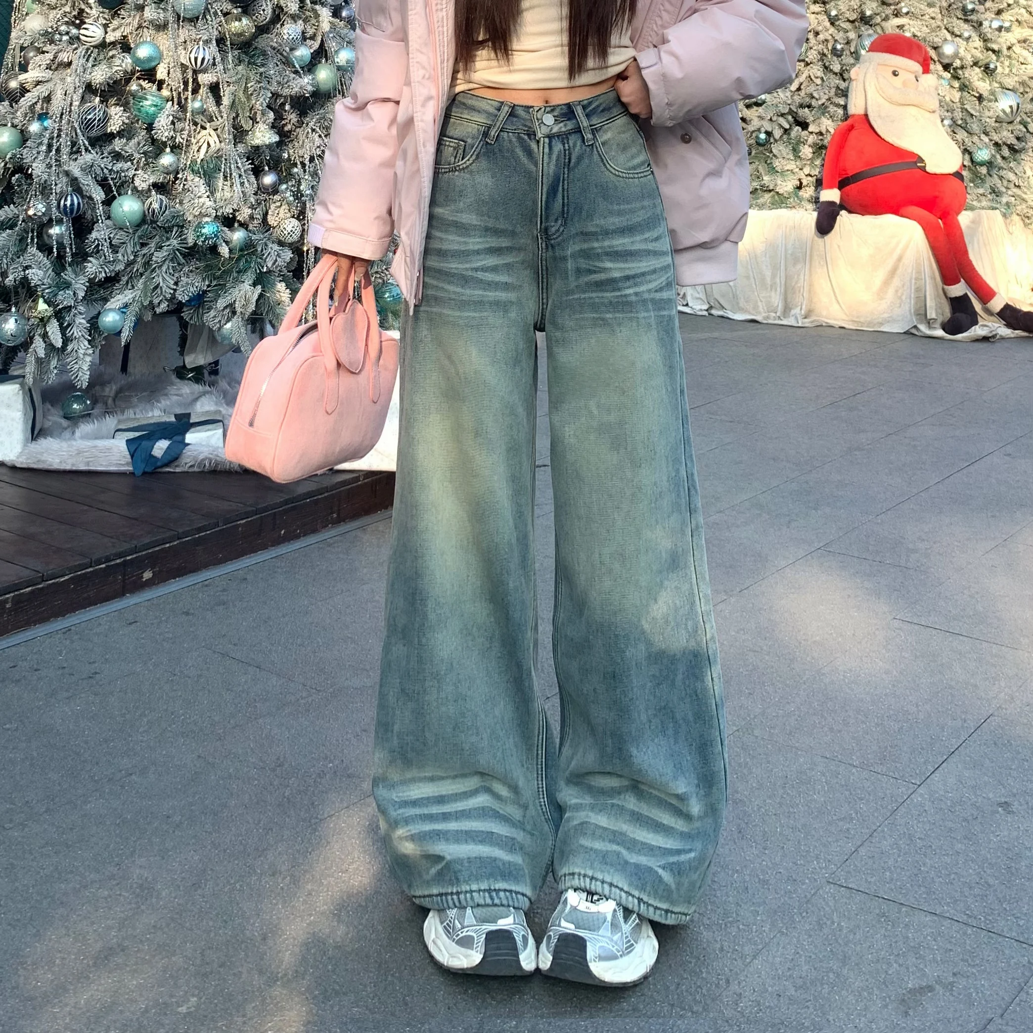 

Retro American Waed Blue Fce Lined Straight Leg Denim Jeans Women Autumn Winter Drape Wide Leg Pants Casual Sle ...