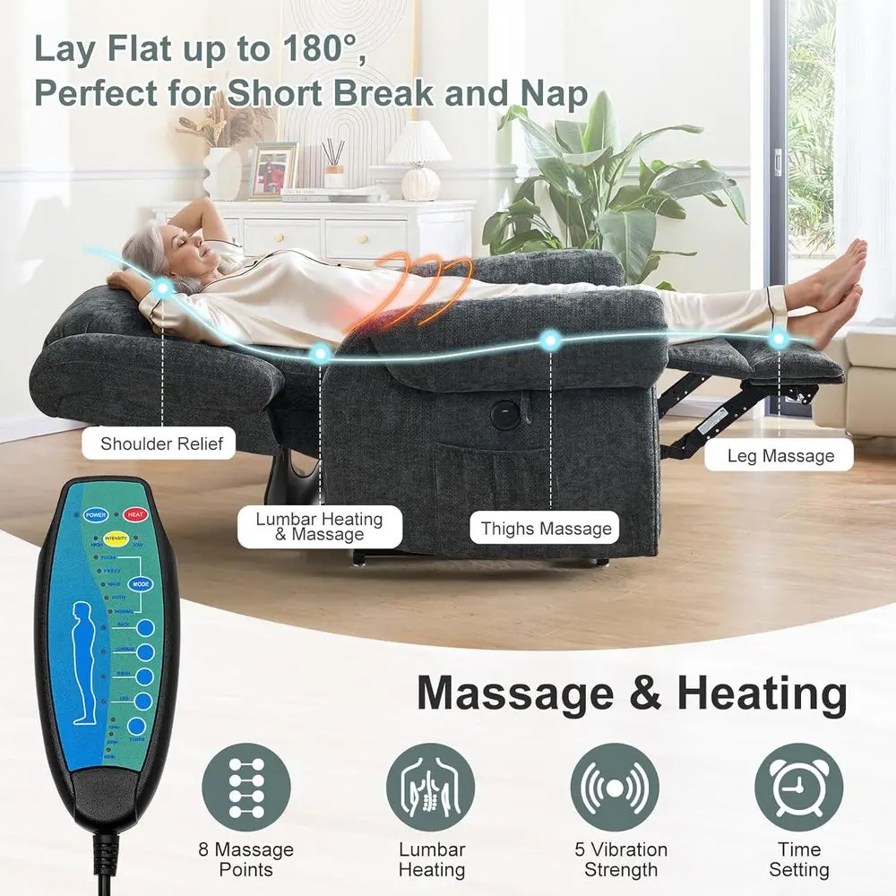 كرسي بمحرك مزدوج لكبار السن مع حرارة، تدليك، منافذ USB، رمادي أزرق شانيل #3