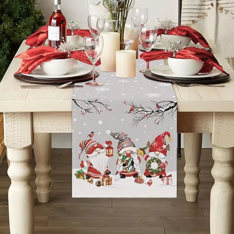 VIKAMA Christmas Table Runner Gnome Bird Snowflake Gift Box Print Holiday Decorative Table Runner For Dining Party Home Decor
