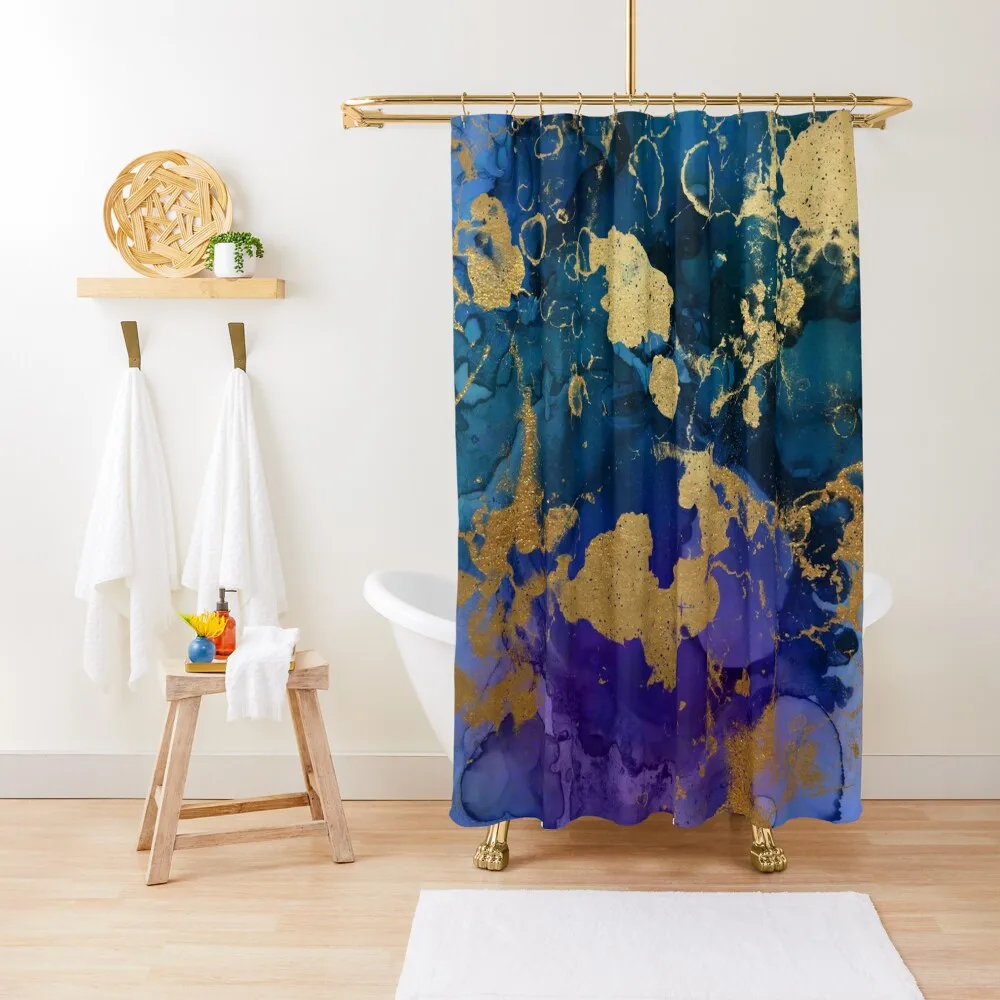 

Modern Teal, Purple, and Gold Ink Wash Abstract Shower Curtain Bathroom Shower Set Waterproof Bath And Anti-Mold Curtain