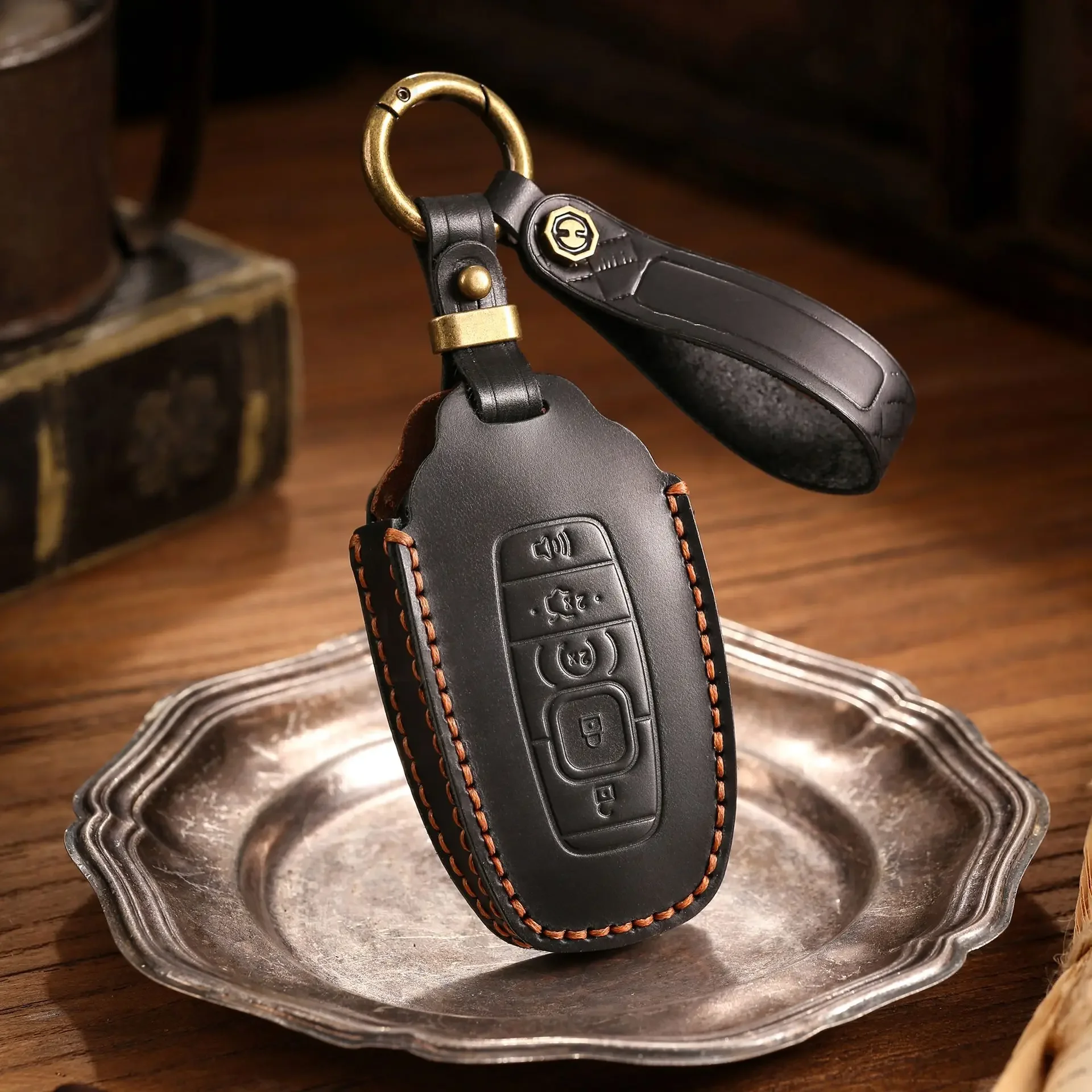 Schlüsselhülle aus echtem Leder für Lincoln Aviator/Nautilus/Corsair/Navigator, vollständiger Schutz, kratzfestes Gehäuse/mit Metallring-Lanyard