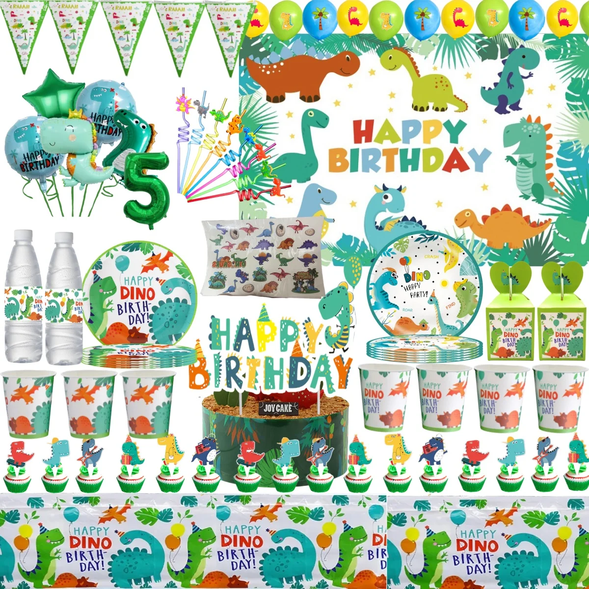 Green Dinosaur Birthday Party Decoration Disposable Tableware Happy Dino Birthday Tablecloth Plate LateBalloon Baby Shower Favor