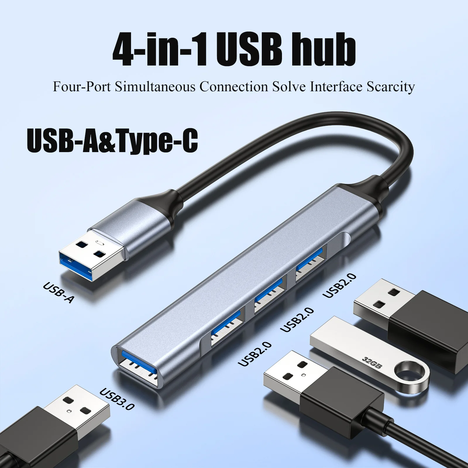 

USB 3.0 and Type-C Multi-Port Hub - 4 in 1 USB Multi-Function Docking Station Simultaneous Use of Four Ports
