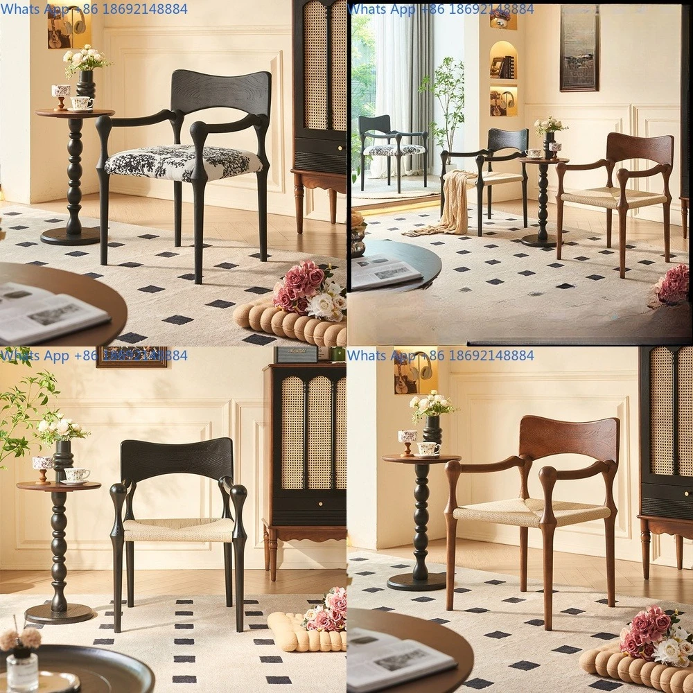 

French style fabric upholstered solid wood dining chair with backrest and armrest for home restaurant hotel