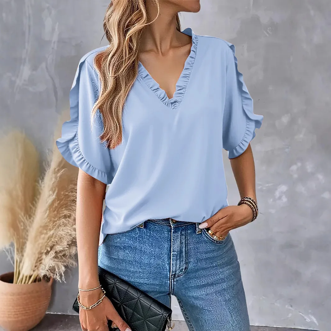 Été Simple couleur ort Sve v-ne irt femmes haut dentelle florale ourlet trajet Sle Polyester tissu Blouse
