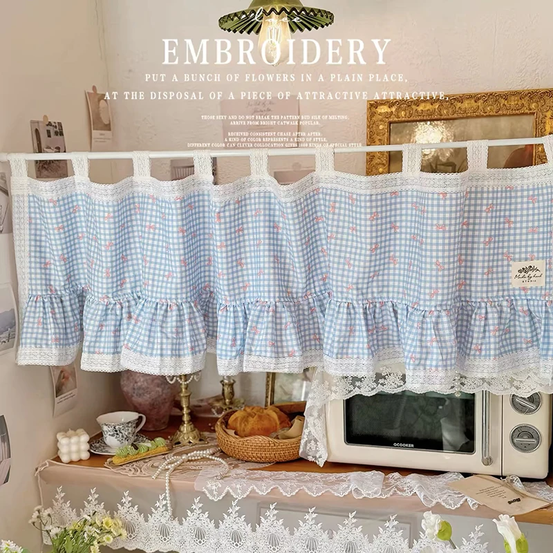 Korean Sweet Blue Lace Short Curtains for Kitchen Tab Top Plaid Half Curtains Bow Window Valance Cotton Curtain #A695