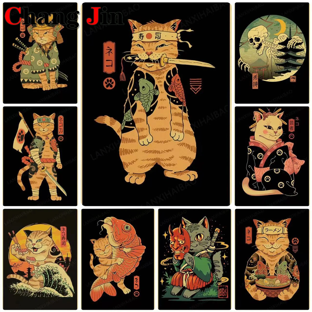 Japanische Samurai Katze Diamant Malerei DIY Tier Kreuz stich Stickerei 5d Ramen Nostalgie Cartoon Diamant Mosaik Wohnkultur Gi