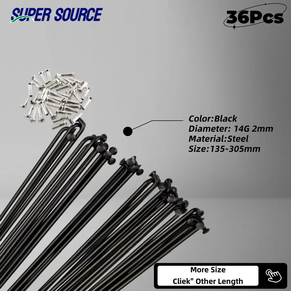

High Strength Black Steel Flexible 36Pcs Bicycle Spokes 14G 2mm Spoke Customized Bicycle Spoke Lengths with Free Nipples