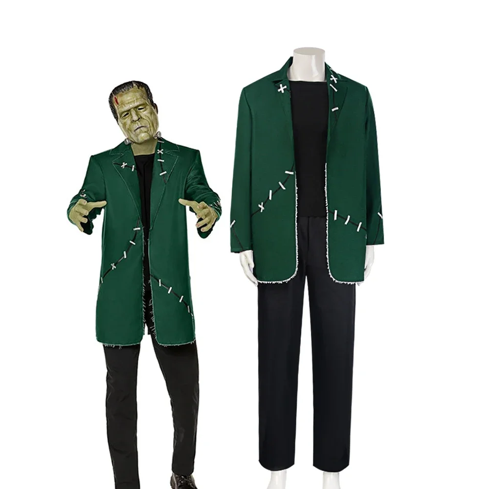 

Halloween Party Terror Prop for Man Women Frankenstein Cosplay Green Coat suit Black Top Pant Costume