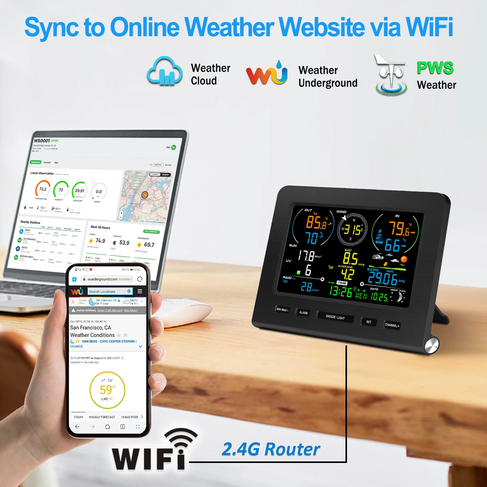 8-in-1 WiFi Wireless Weather Station with Solar Power Mobile App Indoor/Outdoor Weather Monitor Forecast Rain/Wind/UV Sensor