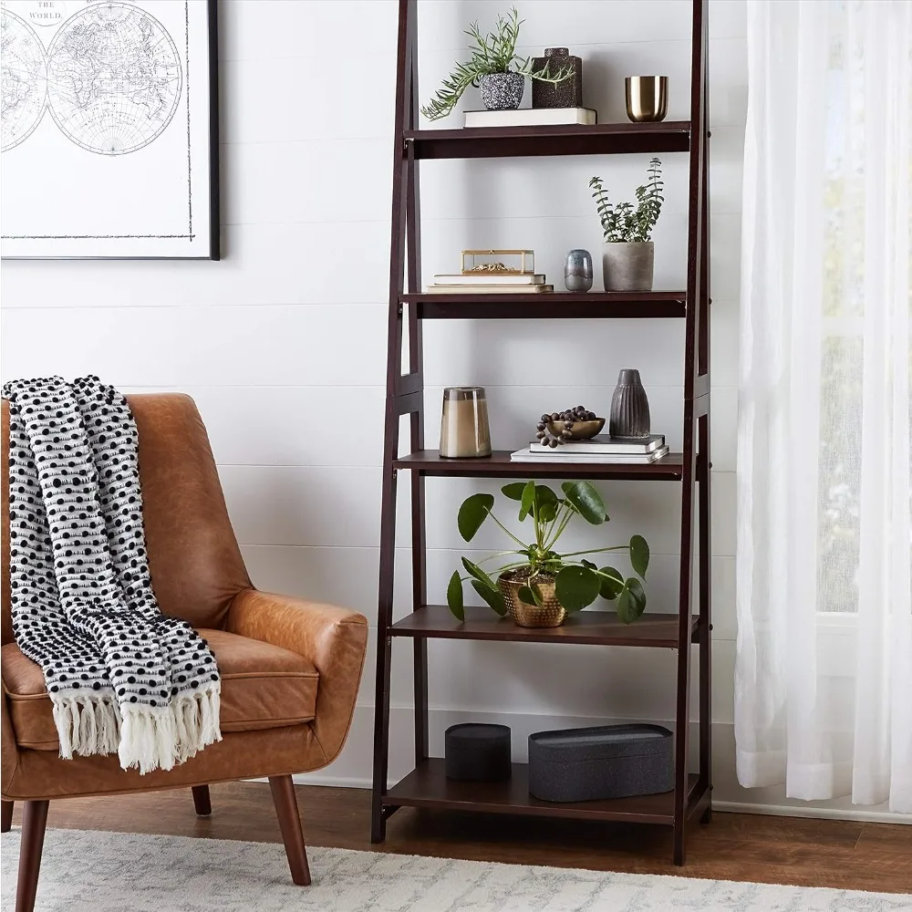 رف كتب على شكل سلم مكون من 5 أرفف مع إطار من الخشب المطاطي