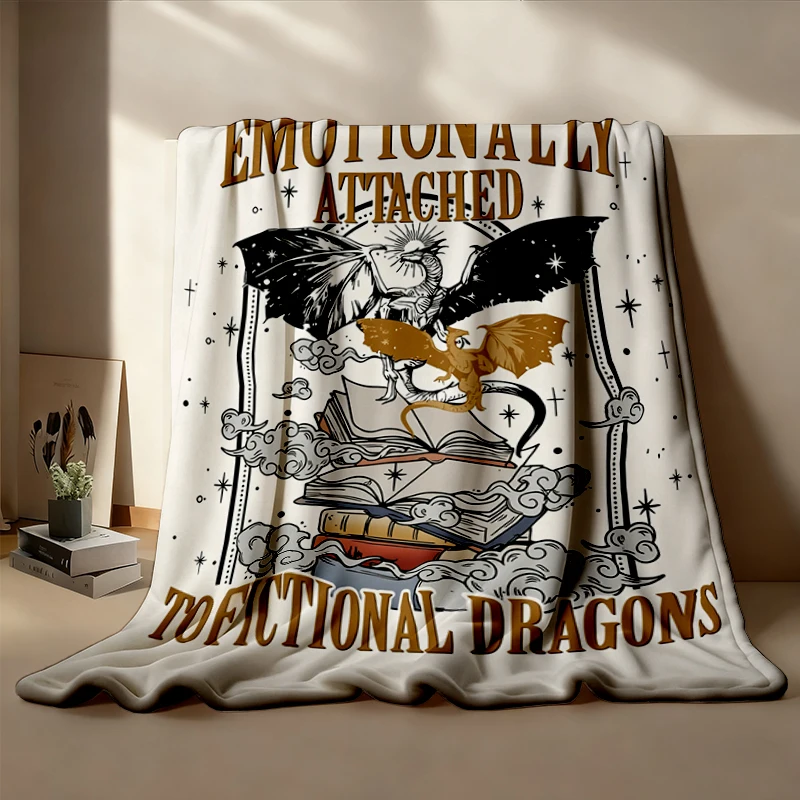 Retro Emotionally Attached To Fictional Dragons Flannel Blanket, Bookish Flannel Throw, Fantasy Reader Gift