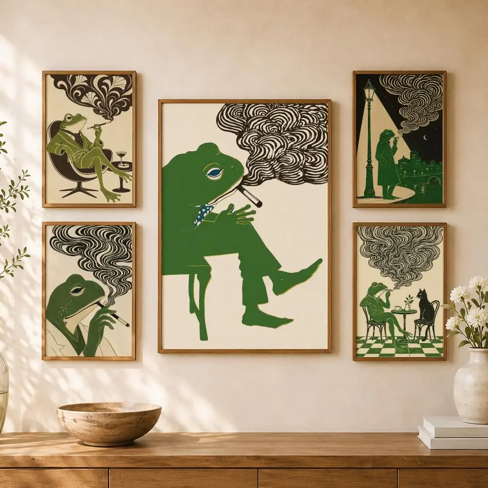 Art Nouveau Frogs Smoke Shadows Green Whimsical Fantasy Poster Home Room Bar Cafe Club Decor Aesthetic Art Wall Painting