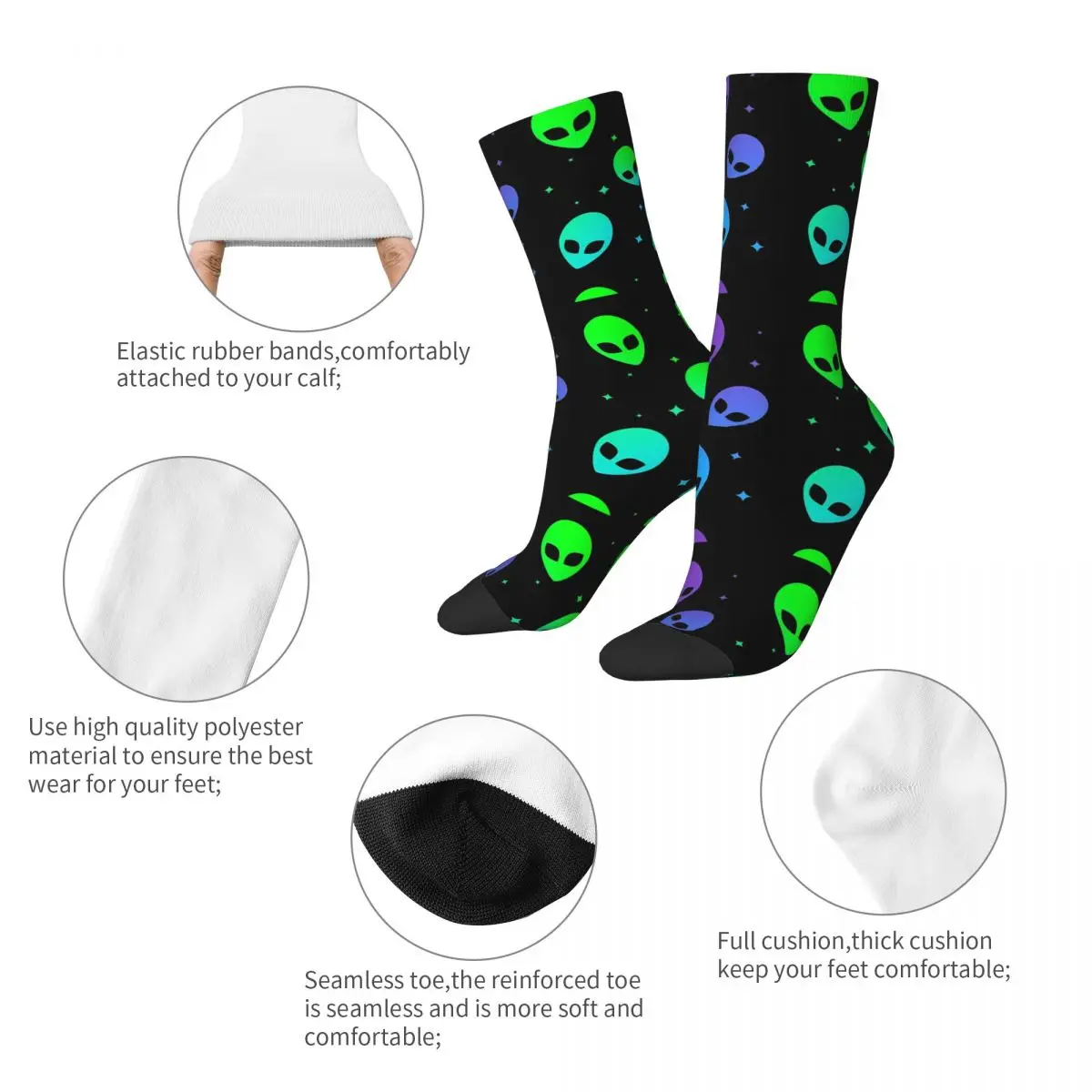 Funny Crazy Sock for Men Colorful Aesthetic Alien Pattern Hip Hop Harajuku Happy Pattern Printed Boys Crew Sock Casual Gift