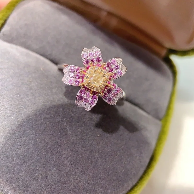 Art Jewelry Replica 925 Silver Pink Sapphire Cushion Yellow Diamond Flower Ring Engagement Wedding High Jewellery Dropshipping