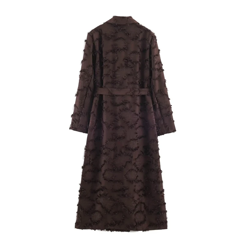 KEYANKETIAN 2026 Elegant Jacquard Long Outerwear Lapel Neck Double Breasted Triangle Buckle Belt Waist‑Fitted Women Trench Coat