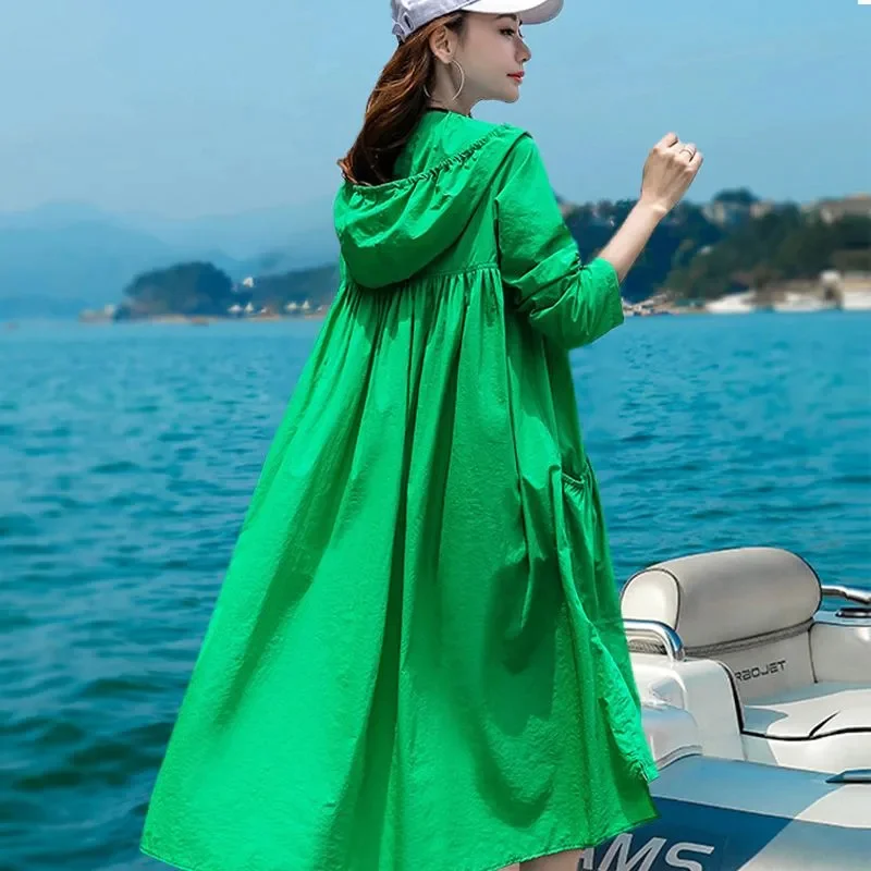 2025 Summer Korean Joker Sunscreen Women\'s Jacket Coat Loose Long Sun Protective Clothing Ice Silk Thin Coat Female Windbreakers