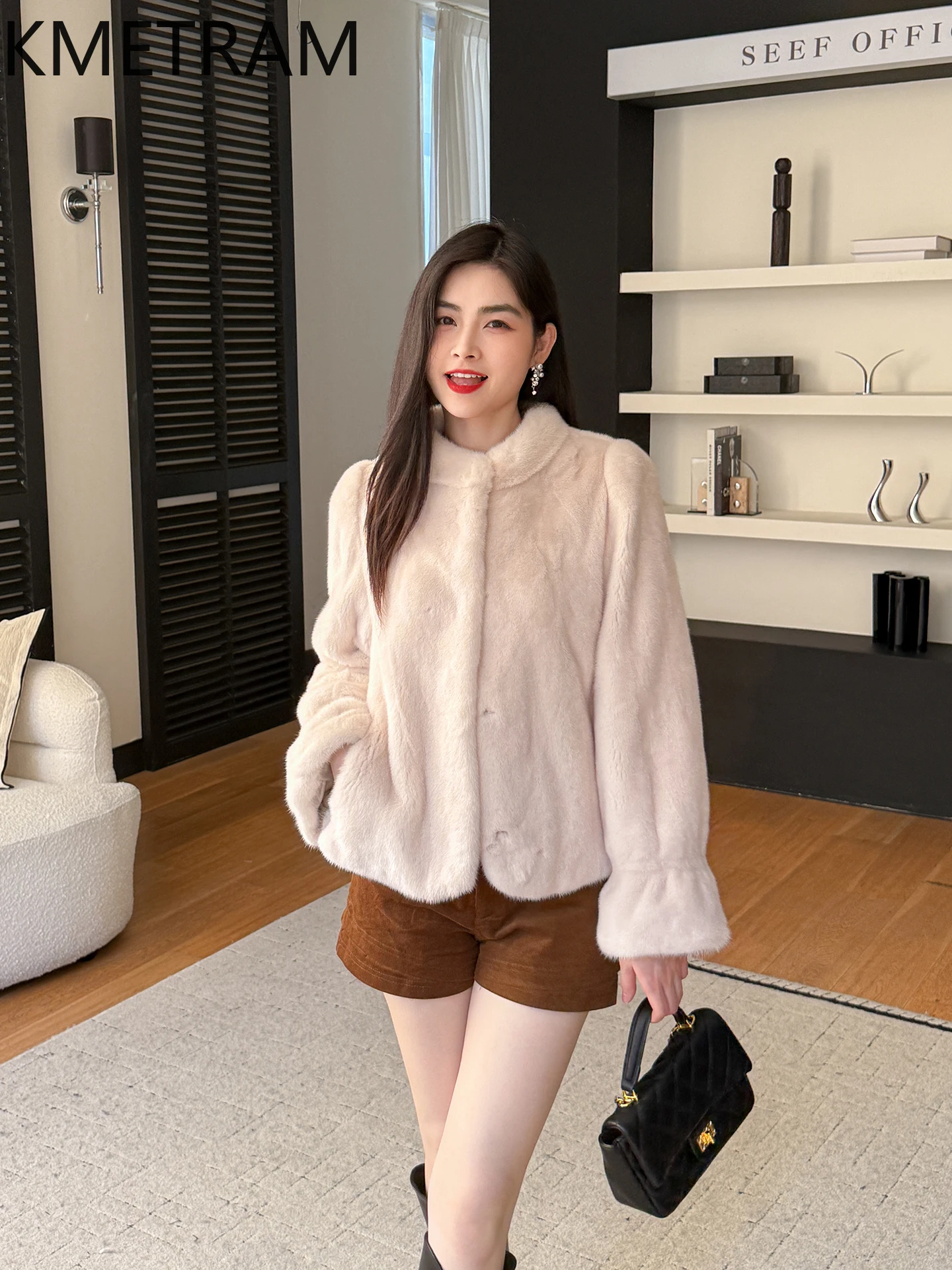 KMETRAM 100% ミンク毛皮ジャケット レディース スタンドカラー ショート丈 本物の毛皮コート フレア袖 冬服 女性用 2025年モデル