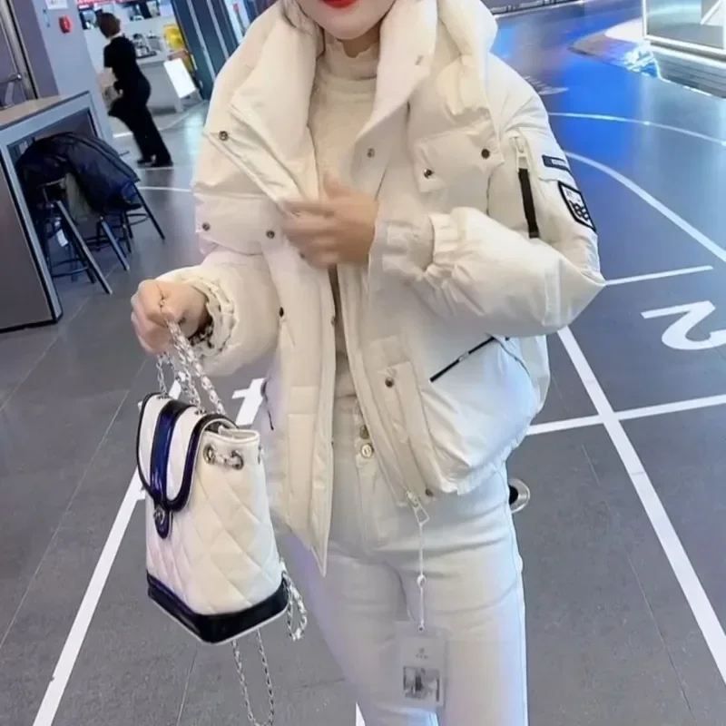 Creamy White Short  Down Jacket Women  Thickened Winter Fashion Small Man Hooded Loose Design Simple Commuter Short Trench Coat