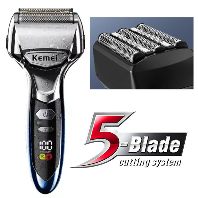 

Kemei 5 лезвий электробритва для лица, моющаяся фольга для бороды, электробритва для мужчин, перезаряжаемая машина для бритья лысиных головок, 8500 об/мин