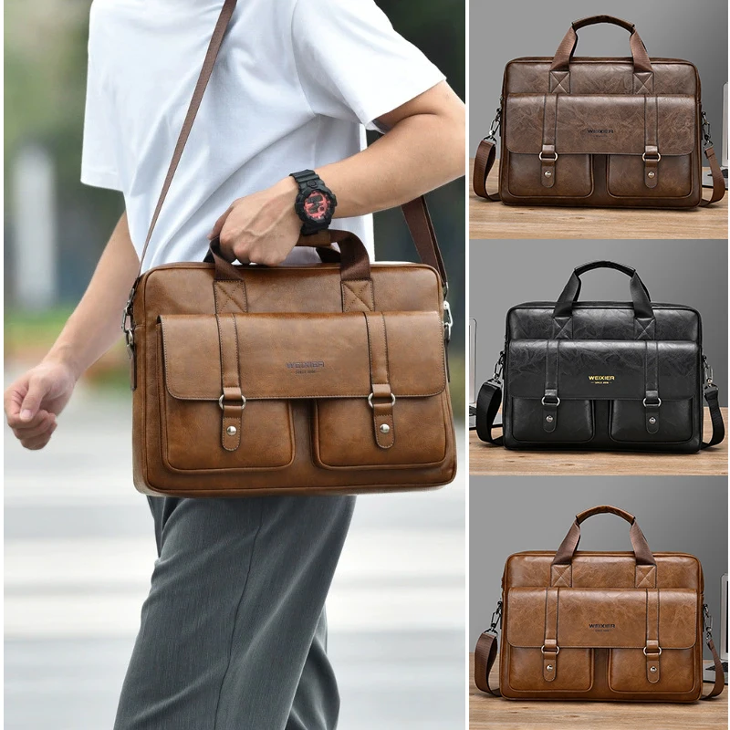 

Men'S Vintage Briefcase 15.6 Inch Laptop PU Leather Shoulder Executive Business Messenger Office Portable Document Bag Male