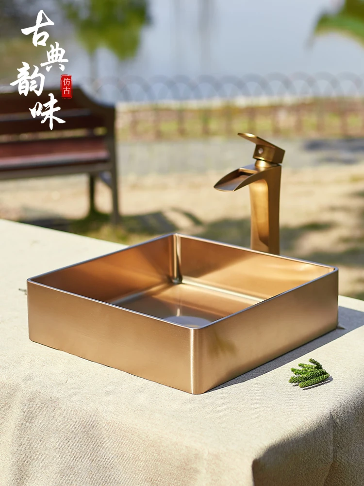 Outdoor antique stainless steel tabletop basin, single basin, courtyard outdoor washbasin, home hotel washbasin, square shaped