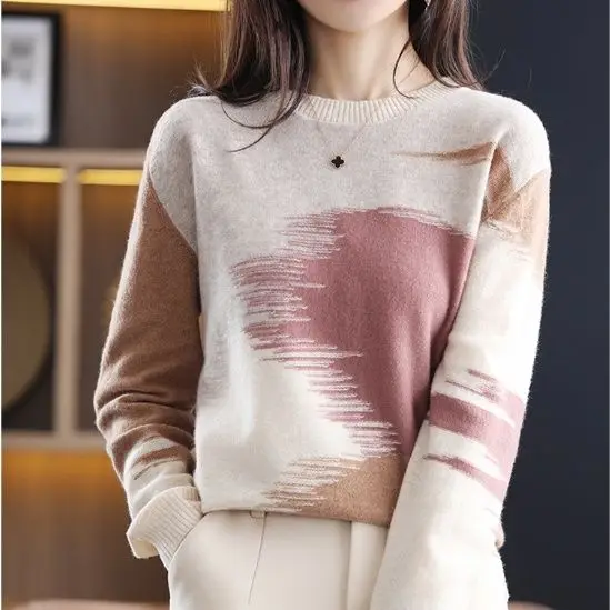 2024 Autumn Winter Round Neck Contrasting Sweater Korean Version Loose and Slim Casual Versatile Knitted Sweater Fashiona Tops