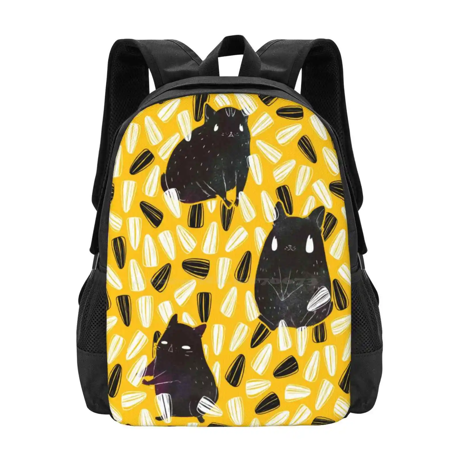 Seedy Hamsters 3D Print Design Backpack Student Bag Hamsters Sunflower Seeds Yellow Black White Watercolor Cute Animals Pets