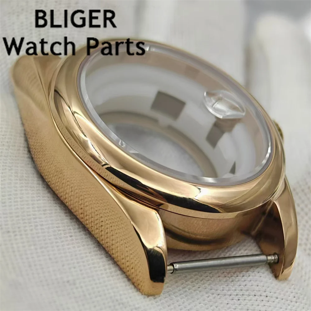 BLIGER 31mm damski zegarek koperta złota różowe złoto karbowana polerowana pochylona okrągła ramka szkło szafirowe pasuje do mechanizmu NH05 NH06