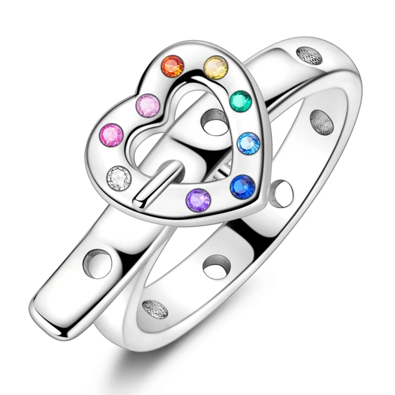 Original 925 Sterling Silver Colorful Heart Belt Ring For Women Girls Jewelry Birthday Anniversary Gifts