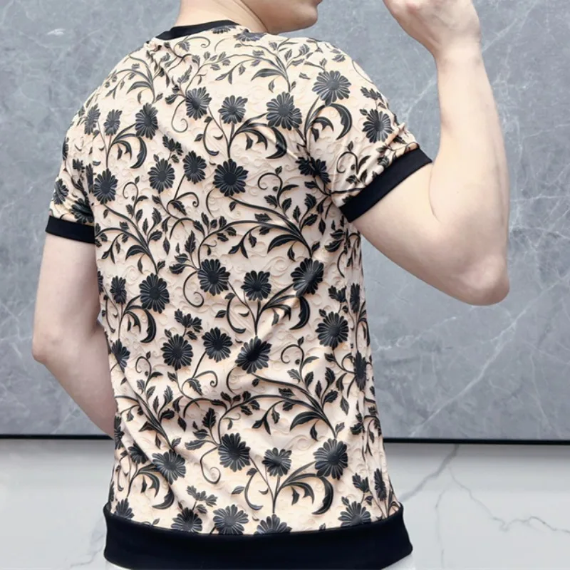 2024 Summer Thin Round Neck Men\'s T-shirts Retro Flower Jacquard Casual Elastic Tshirts Breathable Social Tee Tops Men Clothing