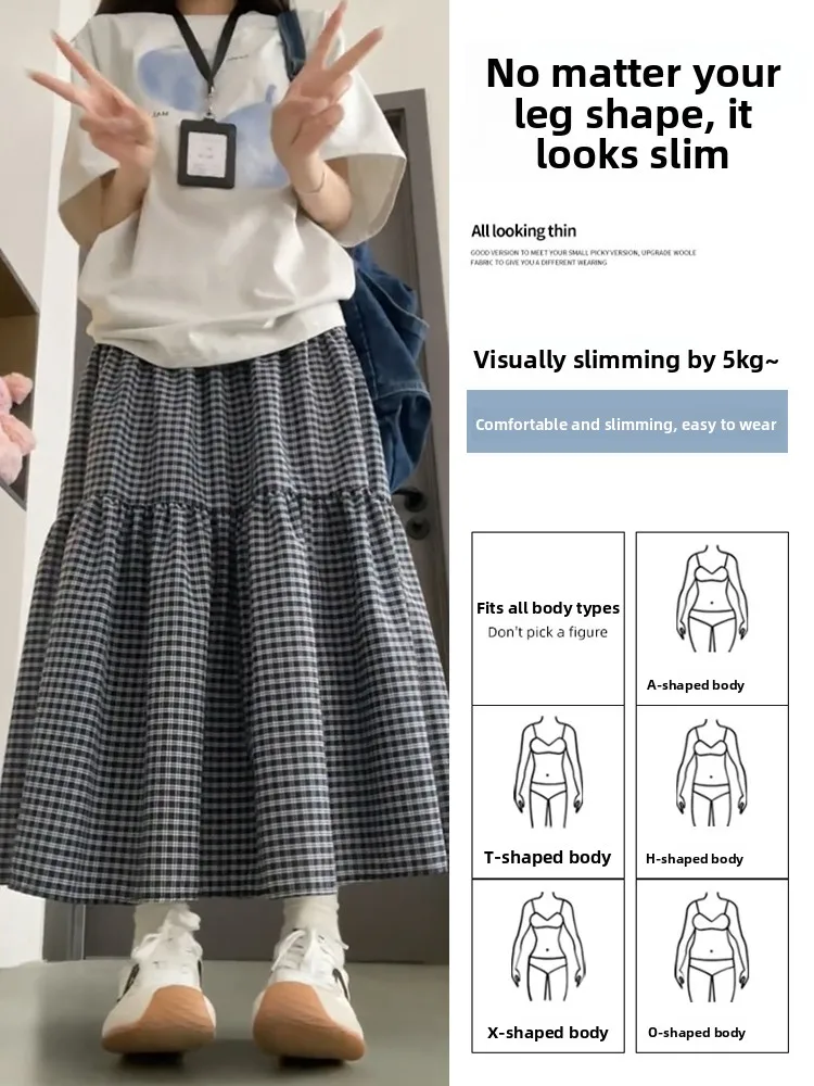 Letnia, cienka spódnica w kratę z wysokim stanem, rozkloszowana, typu parasol, damska spódnica typu puff cake, koreańska spódnica midi z wewnętrzną warstwą.