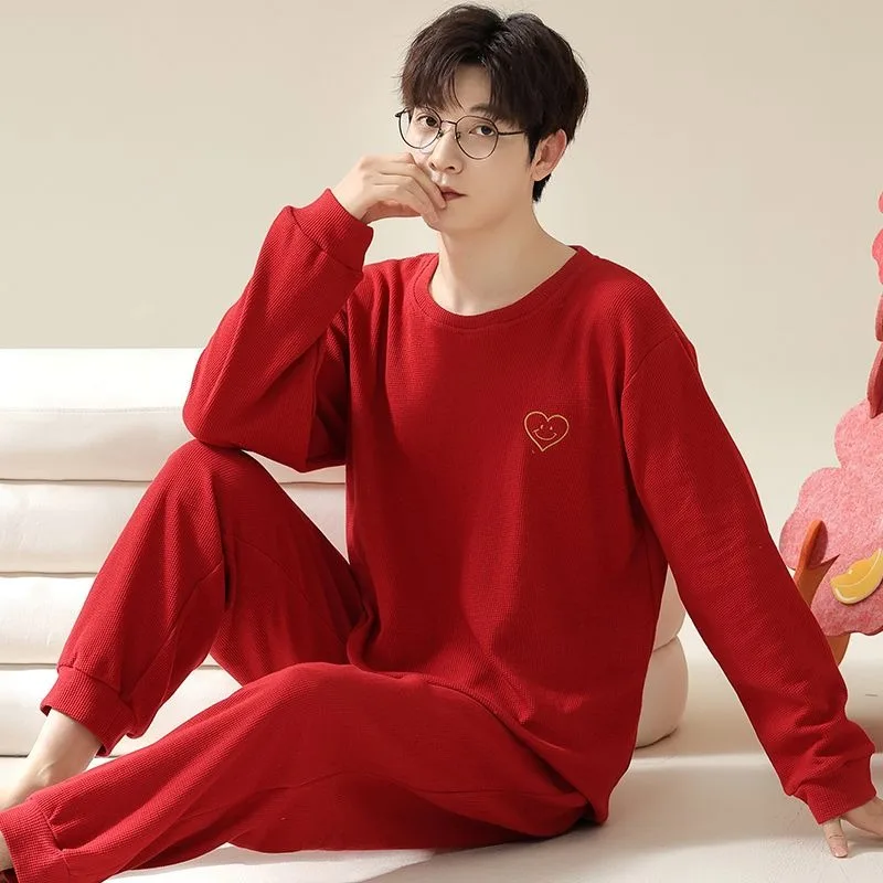 2024  latest spring autumn pajamas Men bridal red sleepwear Comfortable loose nightdress loose round neck Waffle home wear set