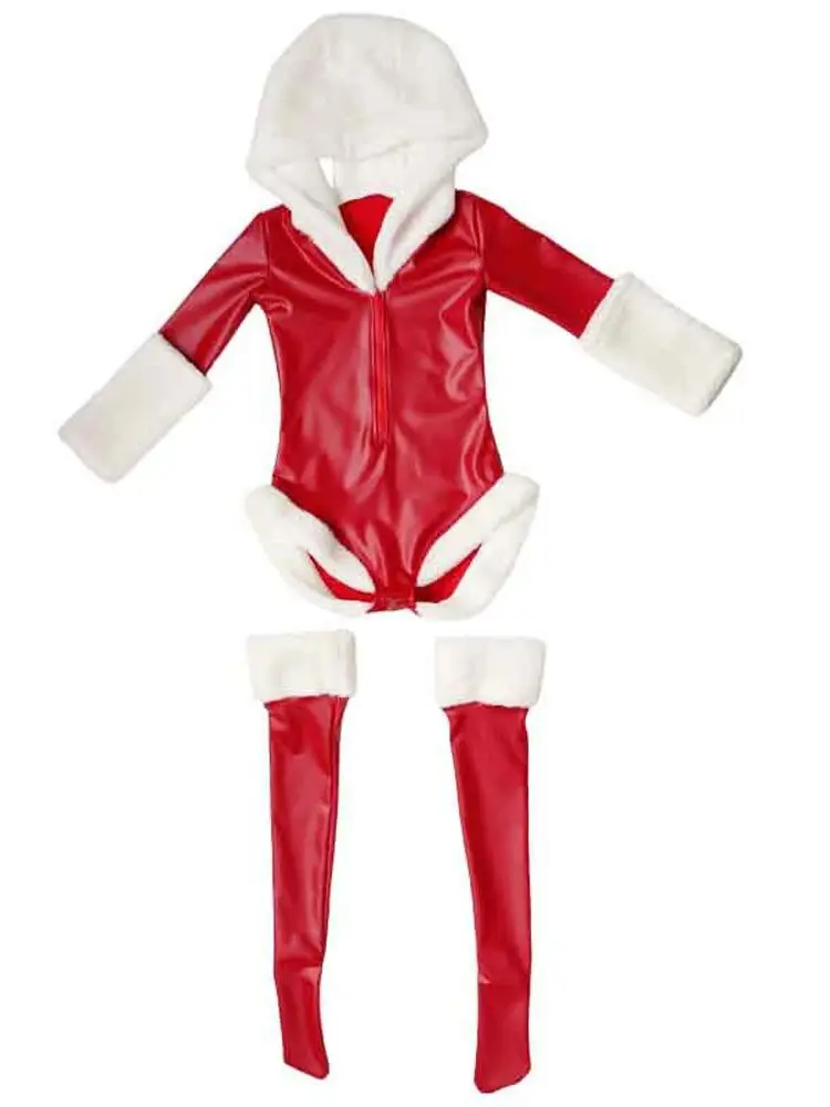 Long Sleeve Elastic PU Leather Hooded Bodysuit Christmas Cosplay Outfit Tights Hot Sexy Body Teddies Clubwear Stockings Leotard