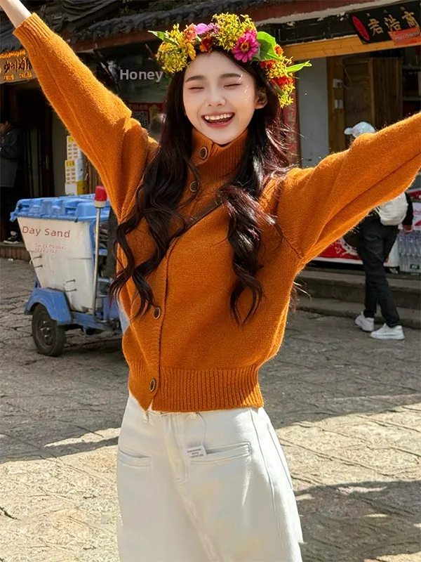 

Ladies' Thickened High Collar Knitted Sweater Coat Warm Cozy Fall Winter Fashion Soft Nurturing Base Layer Open Cardigan