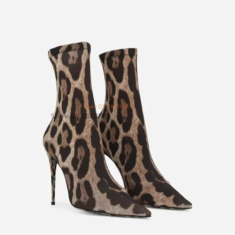 

Mixed Color Leather Leopard Pointed Toe Sock Boots Short Boots Women Stiletto Heeled High Heel Nightclub Designer Boot