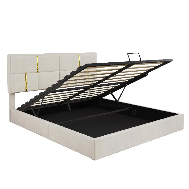 Two-piece Bedroom Set Queen Upholstered Platform Bed with Hydraulic Storage System Storage Ottoman