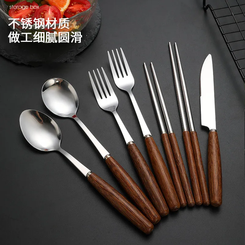 Stainless Steel Cutlery Set with Wooden Handle Sliver Korea Spoon Chopsticks Steak Knife Forks Tableware Utensils for Kitchen