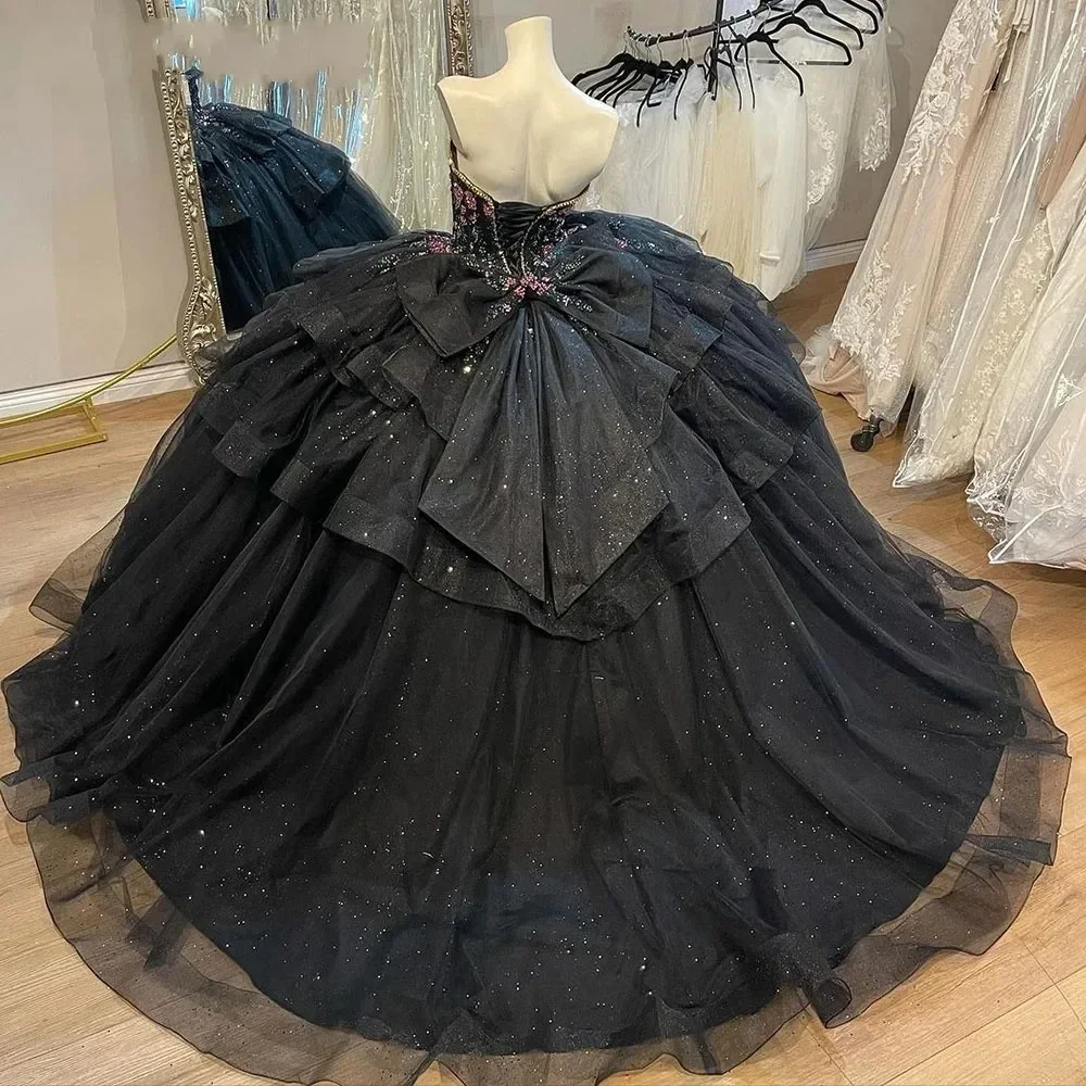 Vestidos princesa sem costas Quinceanera, vestido de baile preto, trem rosa, querida, 15 anos