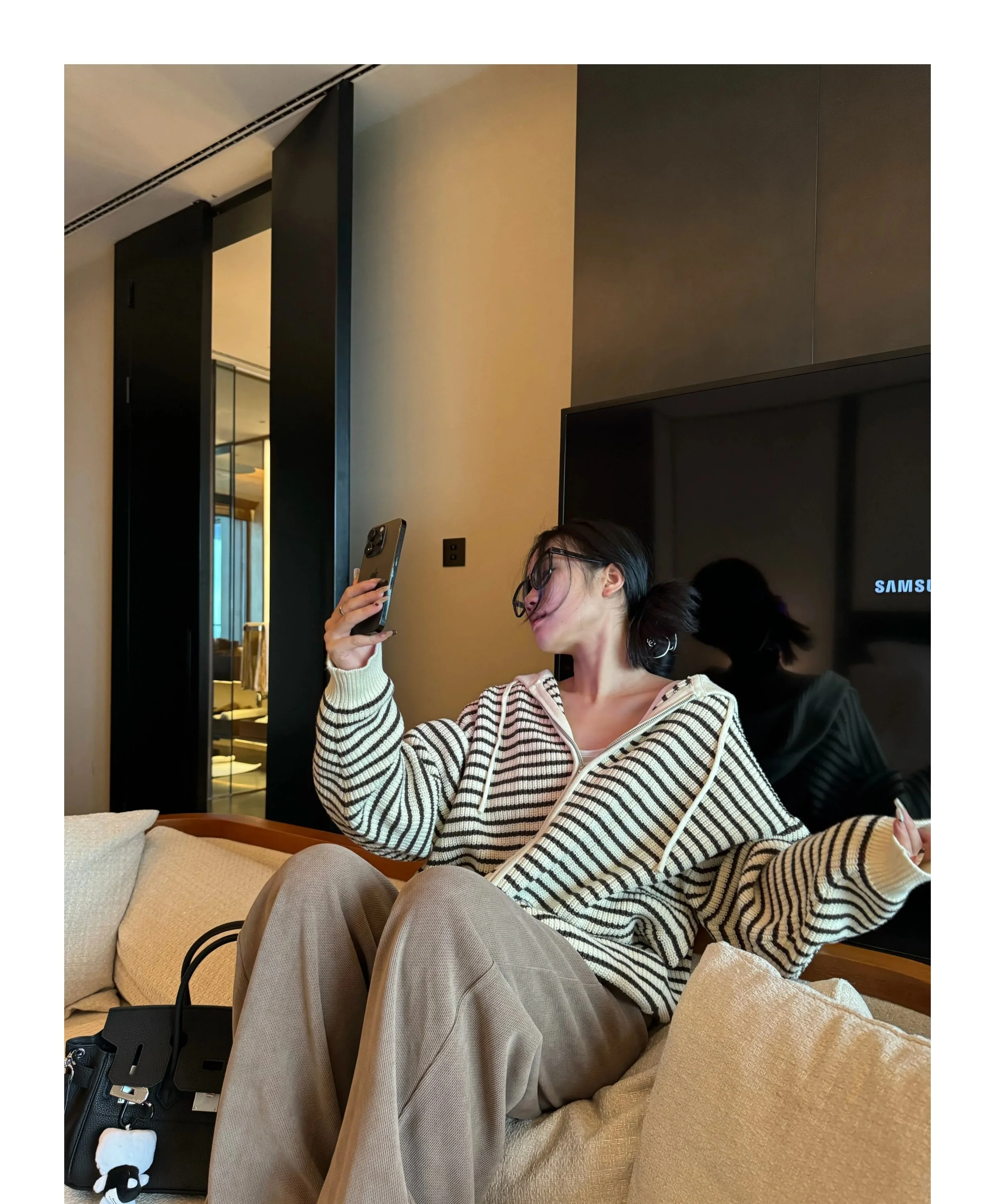Hong Kong Style Striped Hooded Knitted Sweater Coat Women's Open Cardigan Spring Autumn Winter New Drawstring Zipper Versatil...