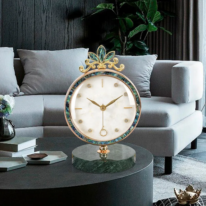 Light luxury and stylish seat clock, home living room marble table clock, shell quartz clock