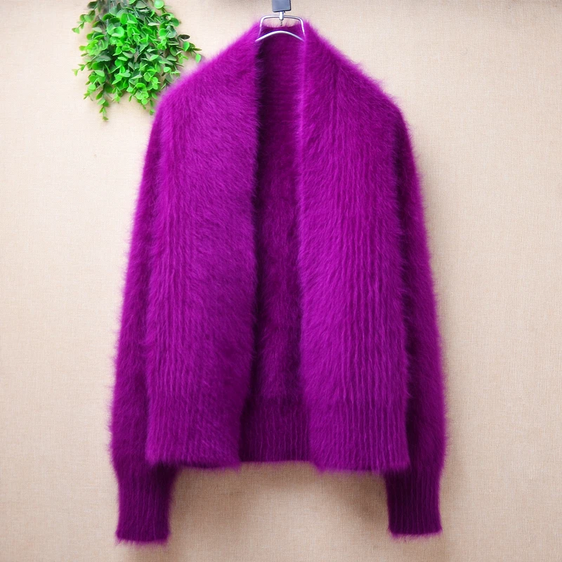 

Ladies Women Spring Autumn Clothing Purple Hairy Angora Rabbit Hair Knitted Long Sleeves Slim Cardigans Mink Fur Sweater Jacket