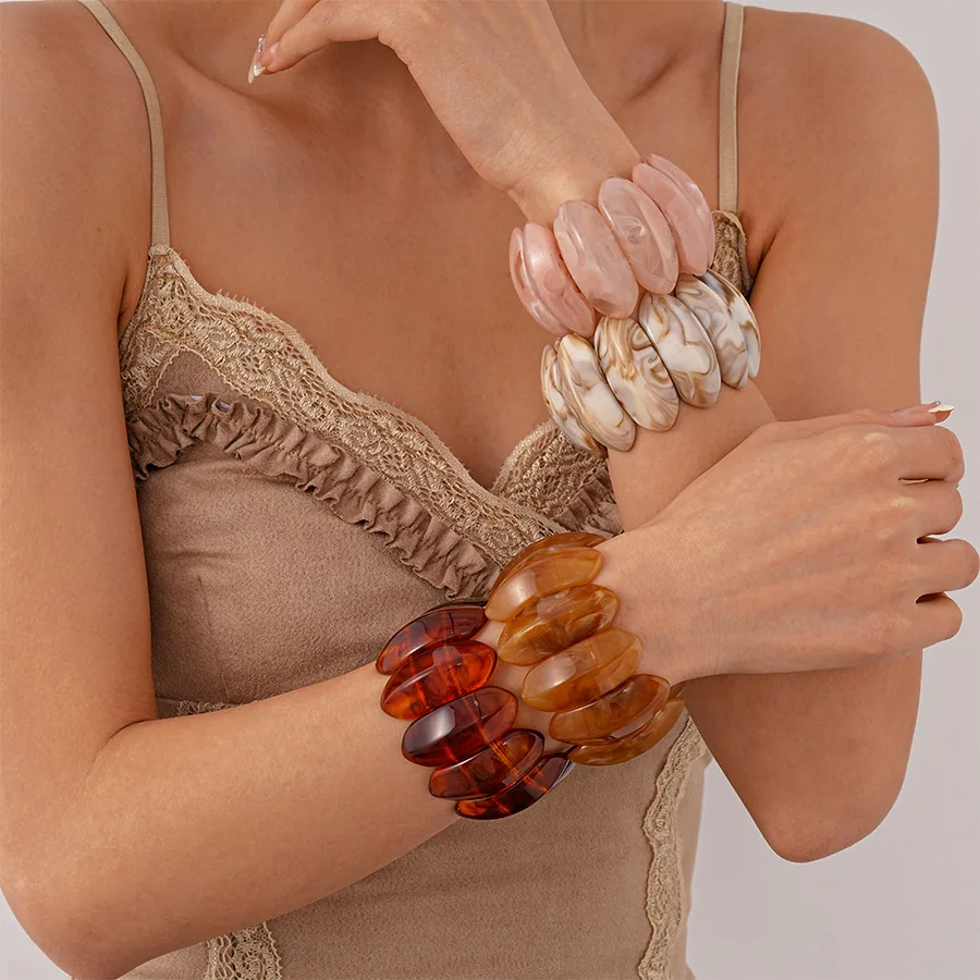 Fashion Resin Elasticity Wide Bracelets For Women Girls Colorful Ellipse Bangles Bracelet Geometric Stretch Jewelry Gift