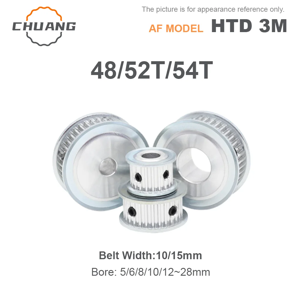 

HTD 3M 48T/52T/54Teeth Timing Pulley Bore 5/6/8/10/12~28mm For Belt Width 10/15mm Toothed Gear Pulley HTD3M AF Type