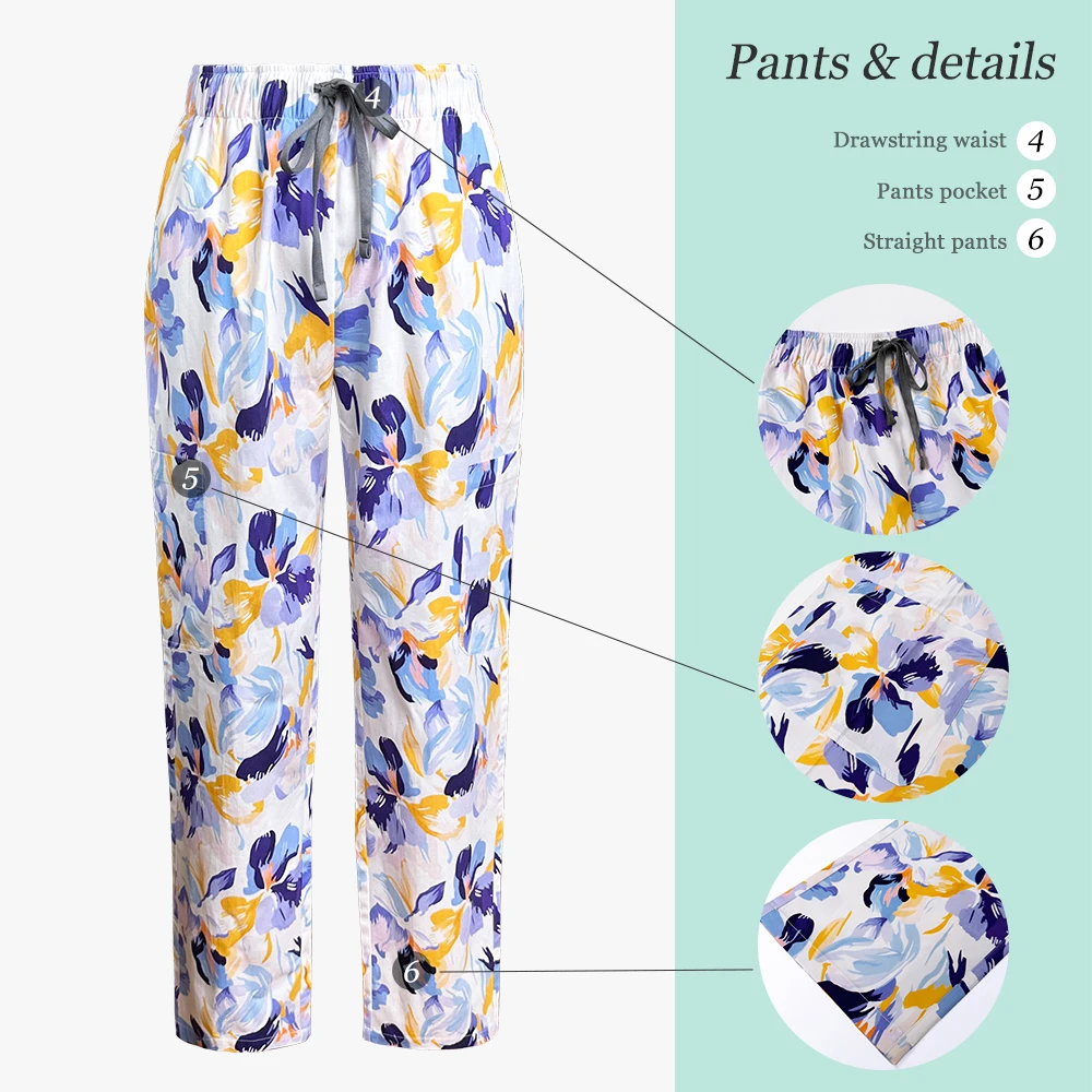 Scrubs Medizinische Uniformen für Damen, 100 % Baumwolle, Blumendruck, kurzärmeliges Oberteil, gerade Hosen, Set, Krankenschwester, Arzt, Arbeitskleidung, Spa-Uniform