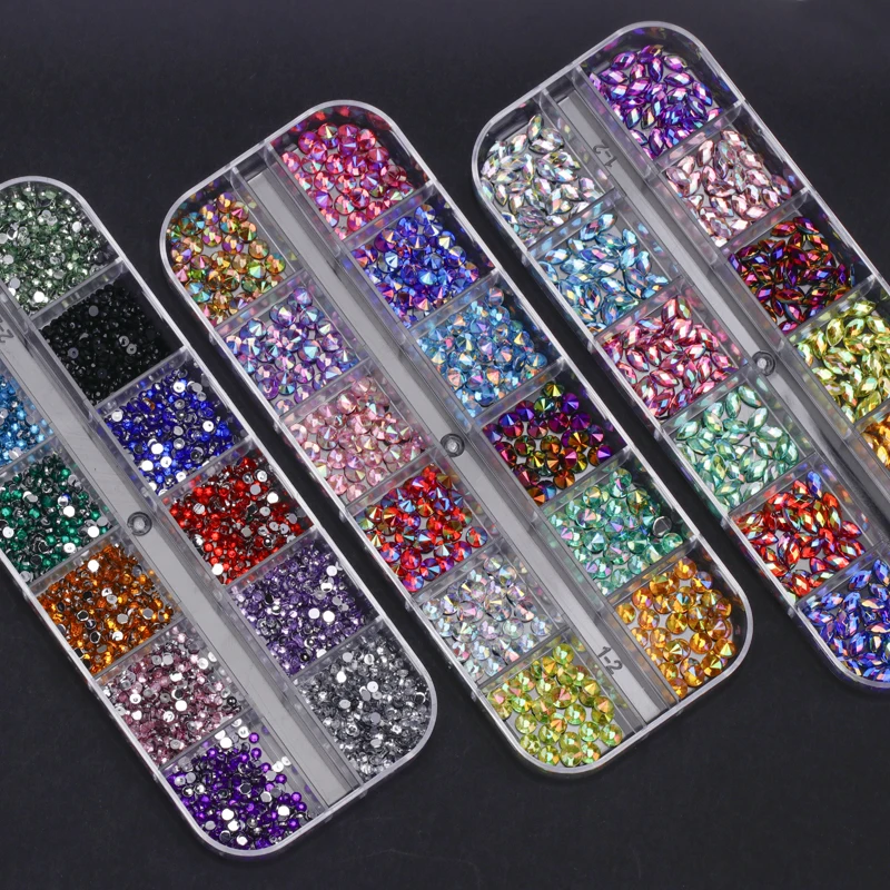 12 Gürtel Acryl Nail Art Dekoration Lagerung liefert Nagel Strass Bulk Flatback Strass Nagel Schmuck Charms Set Hotfix