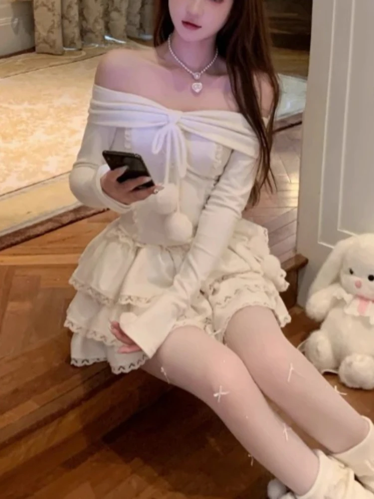 الكورية الحلو أنيقة 2 قطعة مجموعة المرأة خارج الكتف متماسكة أعلى تكدرت المتدرج تنورة الخريف الشتاء لطيف كريم لينة فتاة الزي