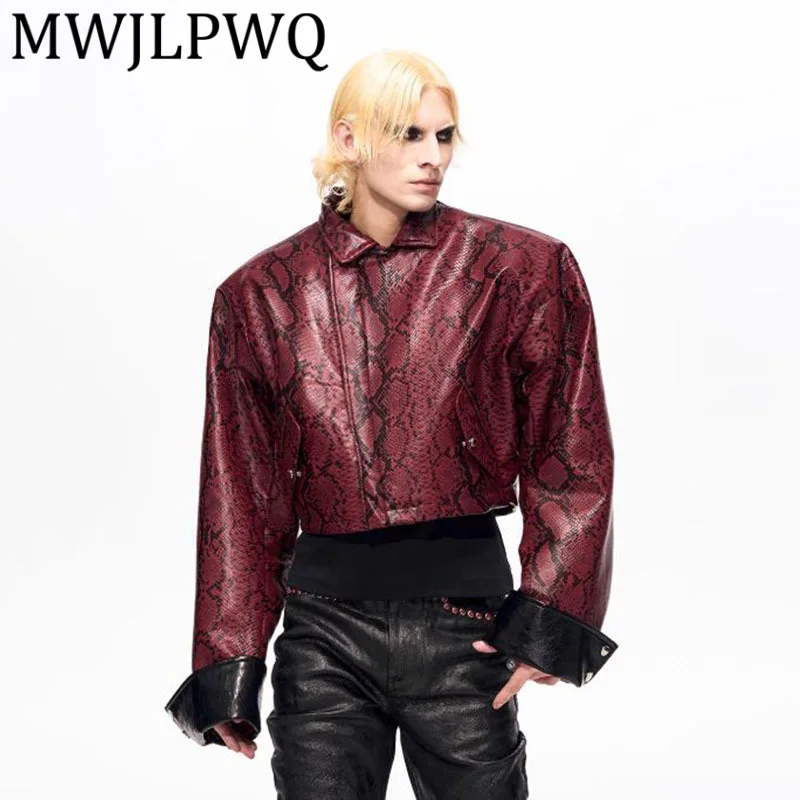 

MWJLPWQ Red Snake Pattern Short Leather Jacket For Men Winter Stylish Turn-Down Collar Padded Casual Tops 2025 Chic New 12785